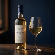 A bottle beside a poured glass of white in low light