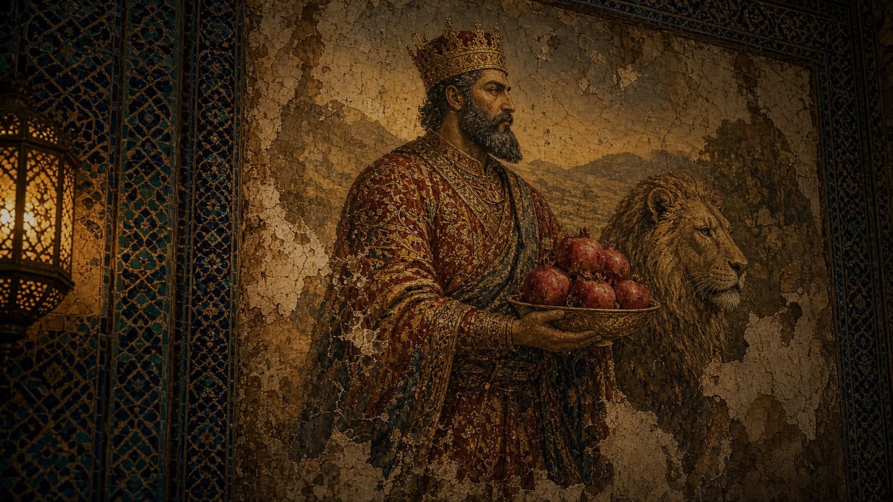 The king-and-lion fresco, weathered with age, on the dining room wall — تصویر نمونهٔ تولیدشده با هوش مصنوعی