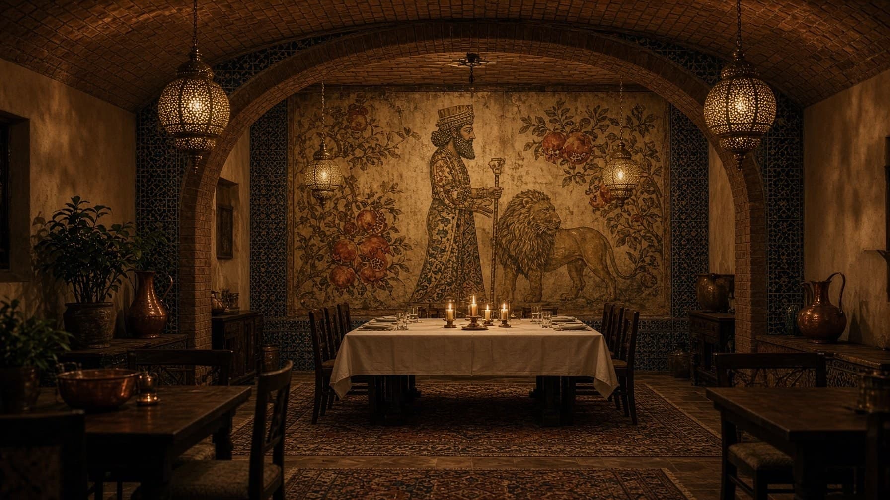 A long table set beneath the fresco, ready for a private evening — تصویر نمونهٔ تولیدشده با هوش مصنوعی