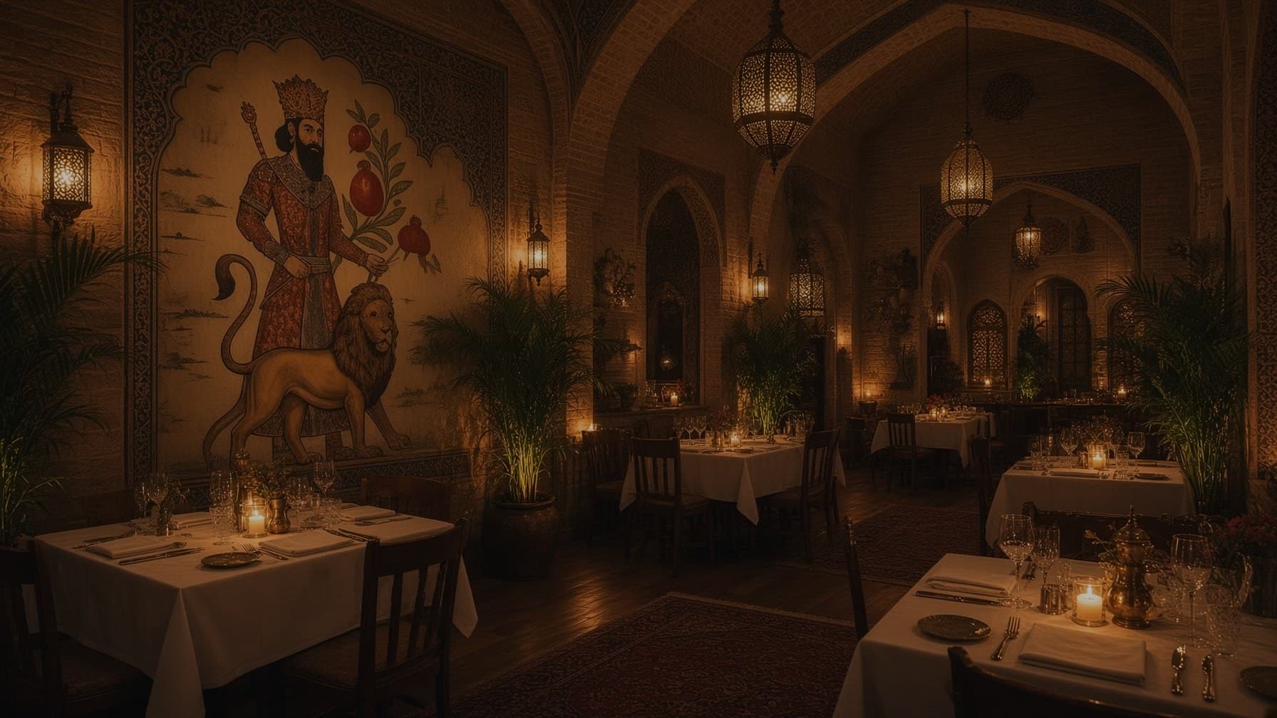 The vaulted dining room, brass lanterns and the king-and-lion fresco — تصویر نمونهٔ تولیدشده با هوش مصنوعی