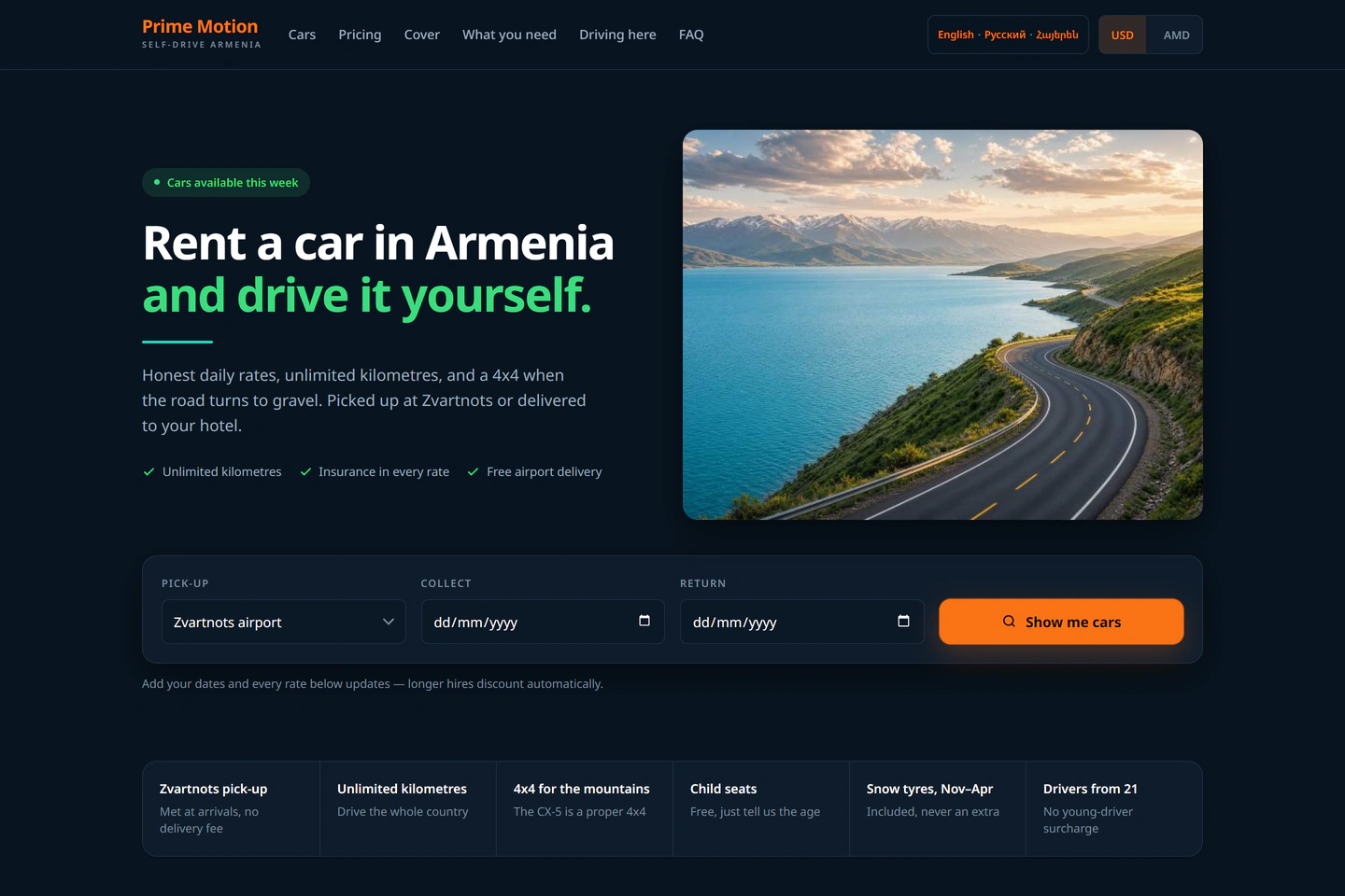 Prime Motion's live car rental website with rental dates and USD / AMD controls