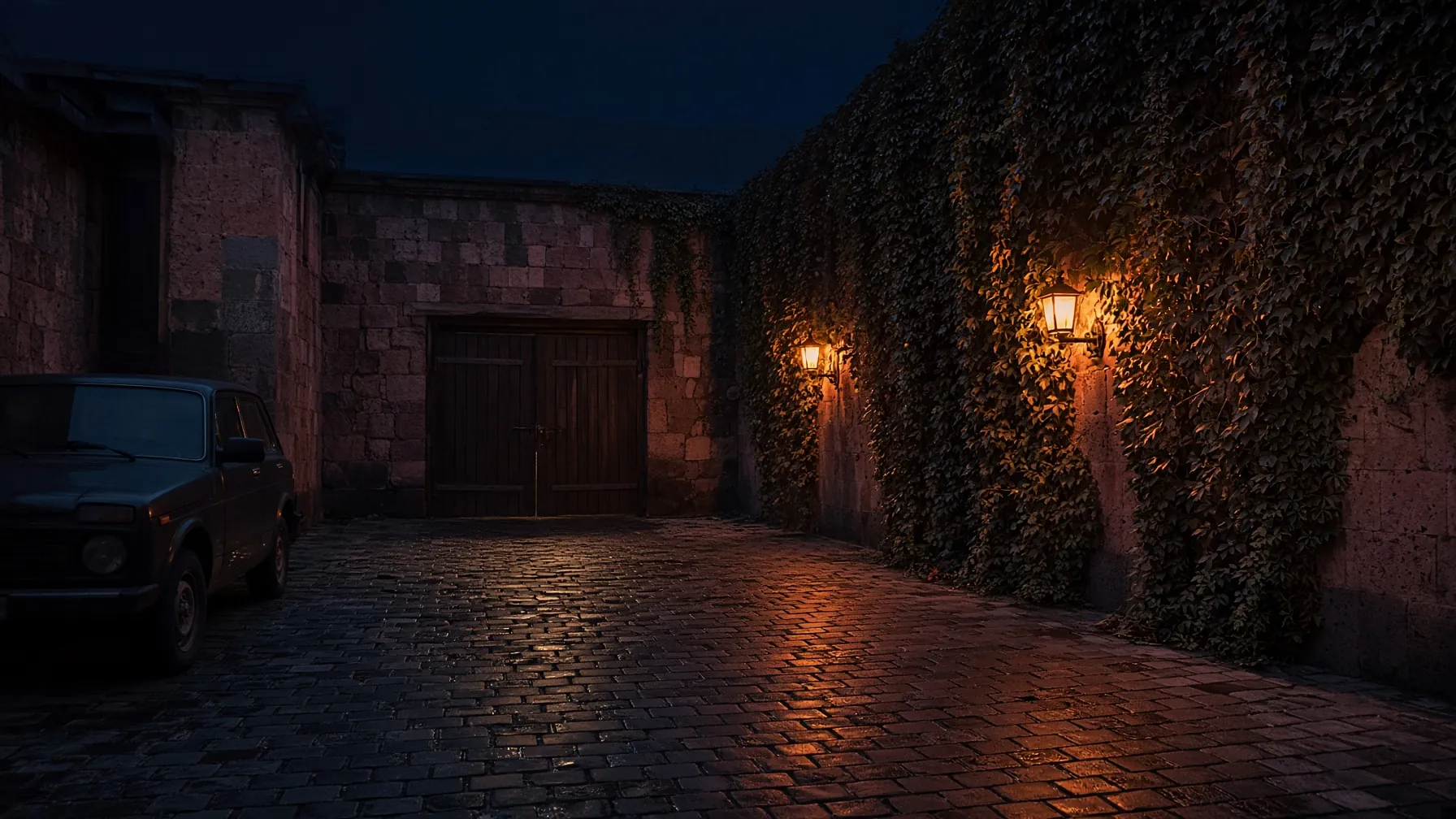 The courtyard seen through the gate arch, with parking under the trees behind the house.