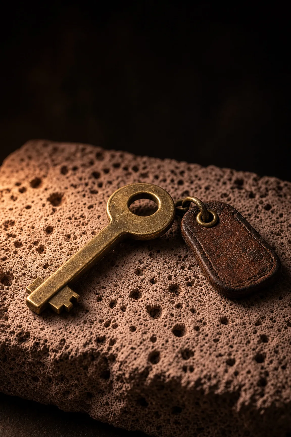 A heavy brass room key resting on a wall of porous volcanic tufa.