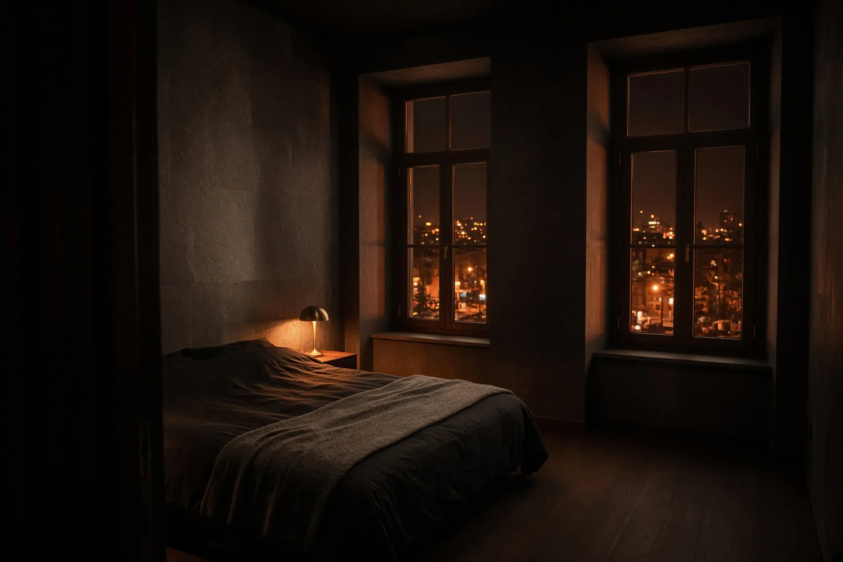 A City Room at night: two deep-set windows over the rooftops, a bare tufa wall and a single lit lamp.