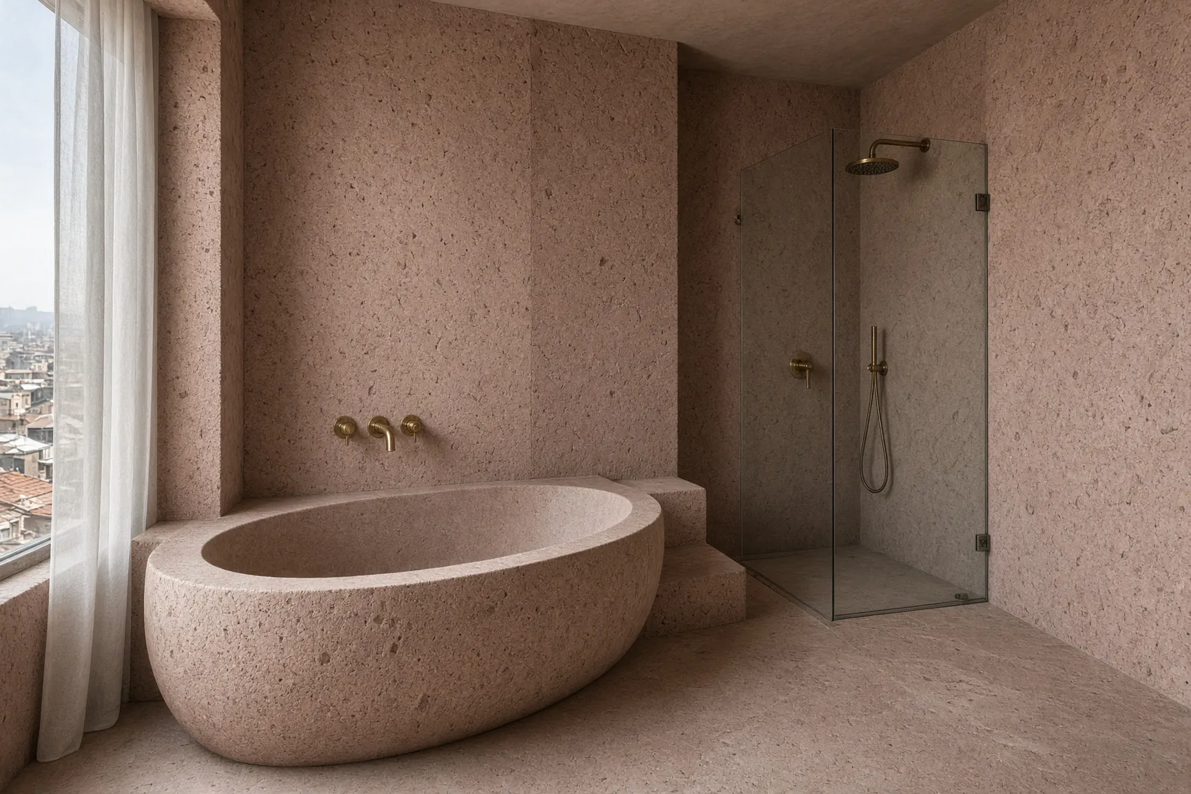 The Corner Suite bathroom: a tub carved from a single block of tufa beside a deep-set window.
